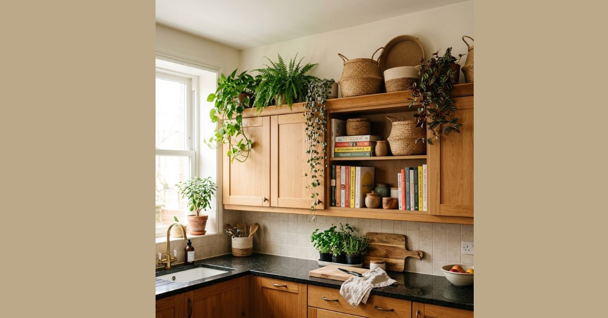 how to decorate above kitchen cabinets